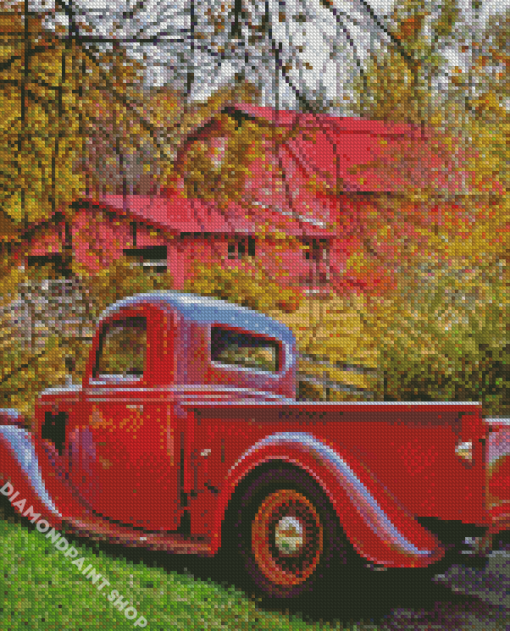 Red Truck And Barn Diamond Paintings