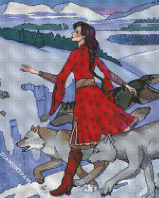 Woman And Wolves Diamond Paintings