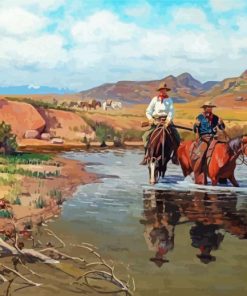 Cowboys And Horses In Water - Diamond Paintings