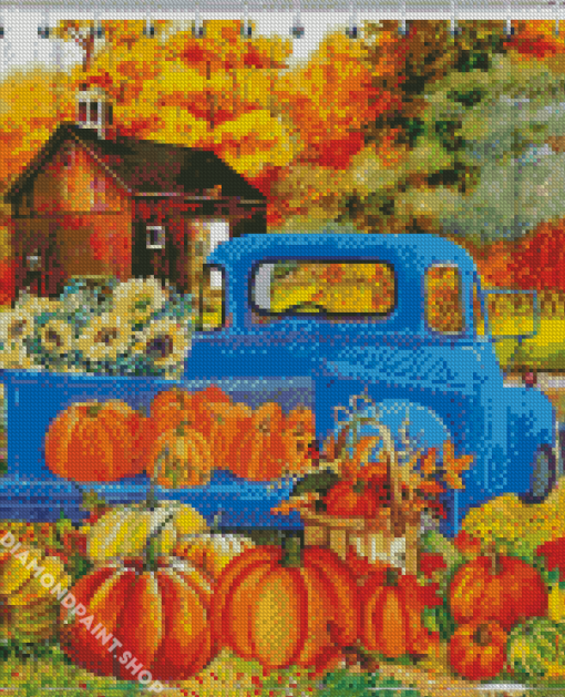 Fall With Blue Truck Diamond Paintings