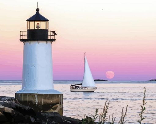 Lighthouse And Sailboat Art Diamond Paintings