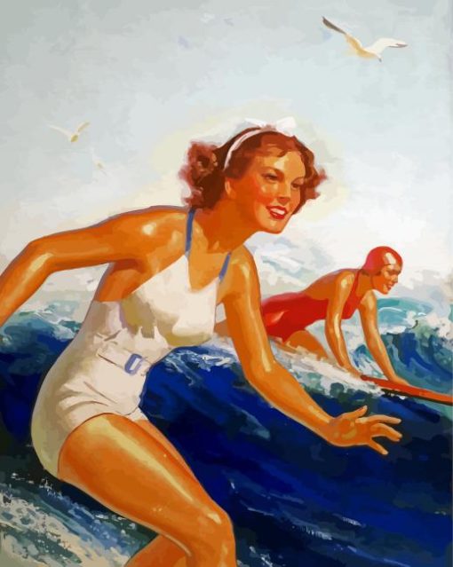 Retro Girls Surfing Diamond Paintings