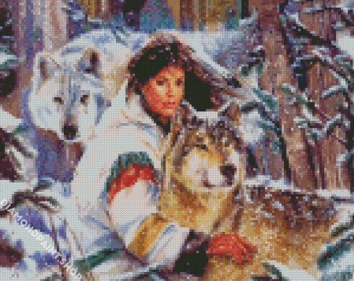 Wolves And Native Woman Diamond Paintings