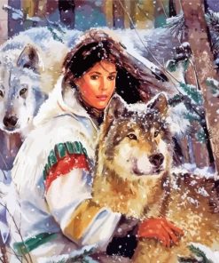 Wolves And Native Woman Diamond Paintings