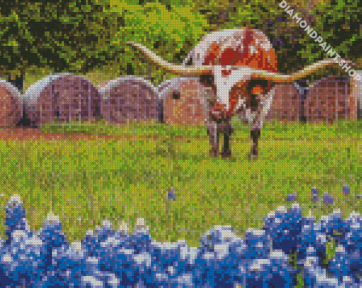 Longhorn In Bluebonnets Diamond Paintings