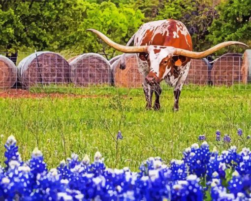 Longhorn In Bluebonnets Diamond Paintings