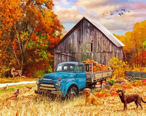 Blue Truck With Fall Diamond Paintings