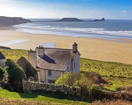 Grey Cottage By The Sea Diamond Paintings