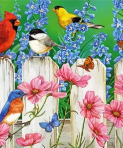 Flowers And Bird On Fence Diamond By Paintings