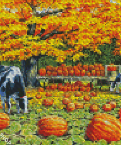 Wagon Cows And Pumpkins Diamond Paintings