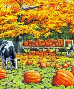 Wagon Cows And Pumpkins Diamond Paintings