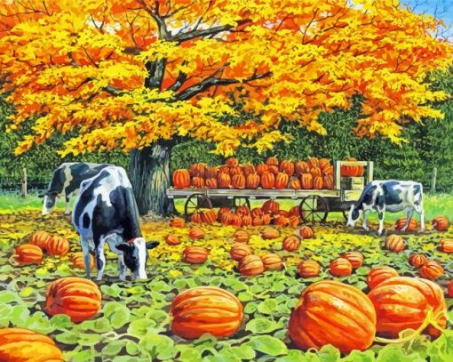 Wagon Cows And Pumpkins Diamond Paintings