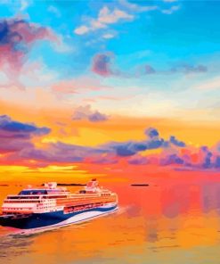 Cruise Ship In Sunset Seascape Diamond Paintings