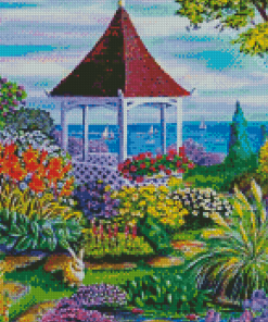 Gazebo By The Sea And Flowers Diamond Paintings