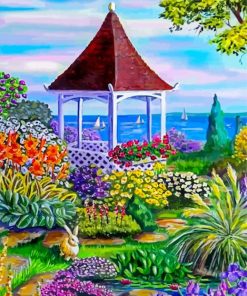 Gazebo By The Sea And Flowers Diamond Paintings