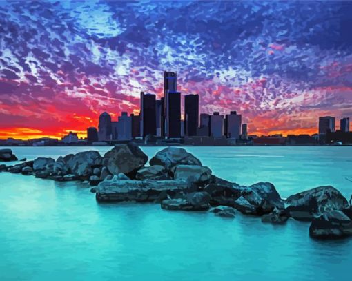 Sunset At Detroit Skyline Diamond Paintings