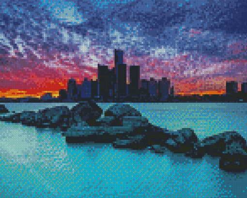 Sunset At Detroit Skyline Diamond Paintings