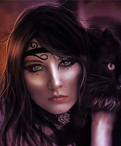 Fantasy Woman Holding Dark Black Cat Diamond Paintings