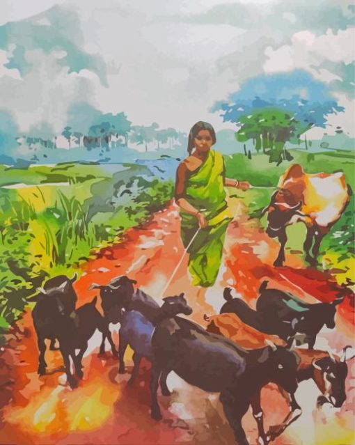 Goat Grazing Lady Indian Landscapes Diamond Paintings