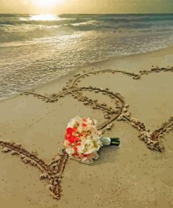 Beach With Hearts In Sand And Bouquet Of Flowers Diamond Paintings