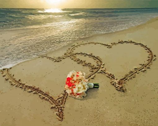 Beach With Hearts In Sand And Bouquet Of Flowers Diamond Paintings