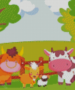 Cartoon Cows By Fence Diamond Paintings