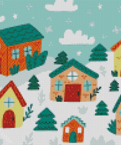 Cartoon Houses In Snow Diamond Paintings