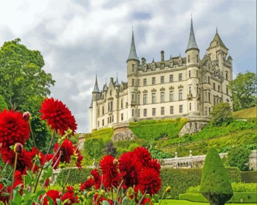 Dunrobin Castle And Flowers Diamond Paintings