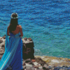 Lady In Blue Dress On Beach Diamond Paintings