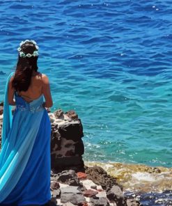 Lady In Blue Dress On Beach Diamond Paintings