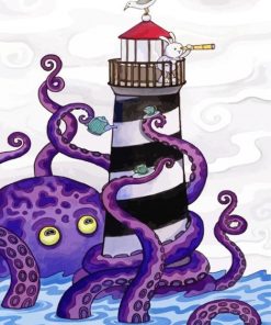 Lighthouse And Purple Octopus Diamond Paintings