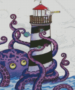 Lighthouse And Purple Octopus Diamond Paintings