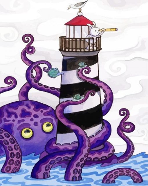 Lighthouse And Purple Octopus Diamond Paintings