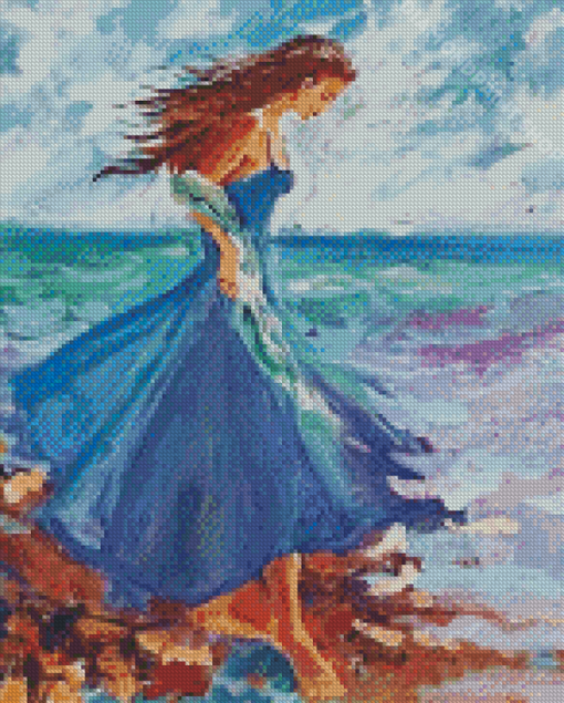 Seaside Blue Dress Woman Art Diamond Paintings