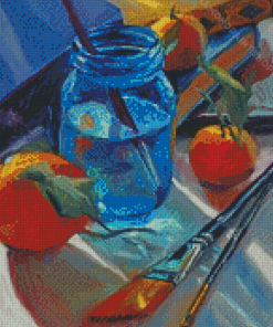 Blue Mason Jar And Oranges Diamond Paintings