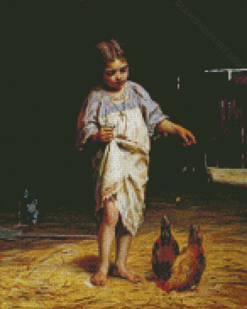 Girl With Chicken In The Barn Diamond Paintings