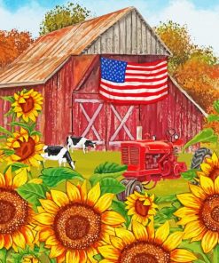 Red Tractor And Sunflowers Diamond Paintings