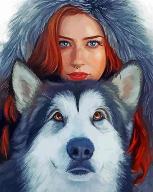 Lady With Husky Diamond Paintings