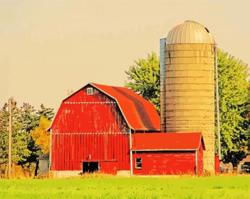 Red Barn With Silo Diamond Paintings