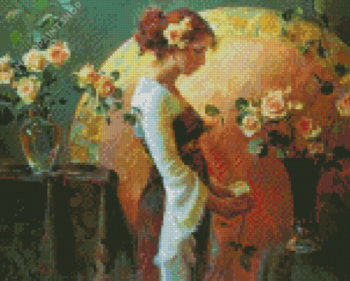 Woman Arranging Roses In Vase Diamond Paintings