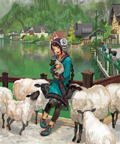 Aesthetic Girl With Sheep Diamond Paintings