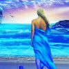 Blonde Girl On Beach In Blue Dress Diamond Painting