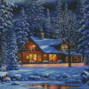 House In Frozen Forest At Night Diamond Painting