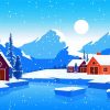 Houses In Frozen Forest Illustration Diamond Painting