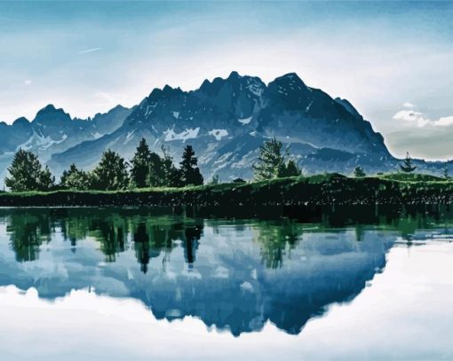 Peaceful Landscape Mountains Reflection Diamond Painting