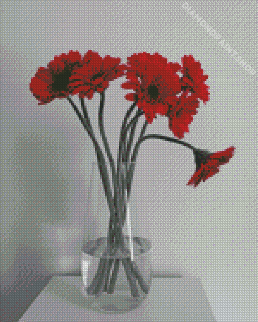 Red Gerbera Daisies Glass Vase Diamond Paintings