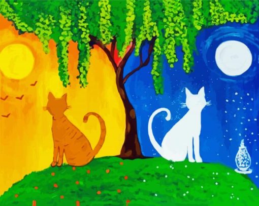 Tree Night And Day Cats Art Diamond Painting