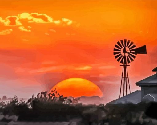 Western Windmill Silhouette At Sunset Diamond Painting