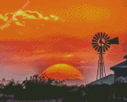 Western Windmill Silhouette At Sunset Diamond Painting