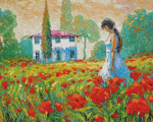 Woman And Poppies Farm Diamond Paintings